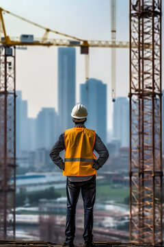 Ensuring Site Safety: Engineer in Full PPE with Tower Crane Background