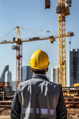 Progress Monitoring: Construction Engineer in Full PPE Examining Building Site