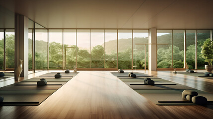 A serene and minimalist yoga studio with soft lighting, floor-to-ceiling windows, and a panoramic view of lush greenery, creating a harmonious connection with nature Generative AI