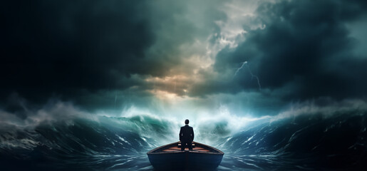 Business solution concept design of back view businessman standing on boat at sea in a storm Generative ai