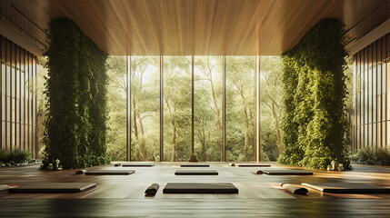 A tranquil and Zen-inspired yoga sanctuary featuring natural materials, such as bamboo flooring and a living moss wall, evoking a sense of calmness and balance Generative AI