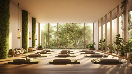 A tranquil and Zen-inspired yoga sanctuary featuring natural materials, such as bamboo flooring and a living moss wall, evoking a sense of calmness and balance Generative AI
