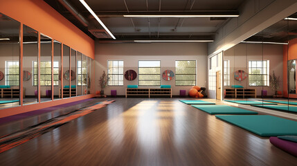 A modern and spacious yoga studio with high ceilings, mirrored walls, and vibrant accent colors, providing a vibrant and energizing space for practice Generative AI