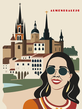 Almendralejo: Beautiful vintage-styled poster with a woman and the name Almendralejo in Extremadura