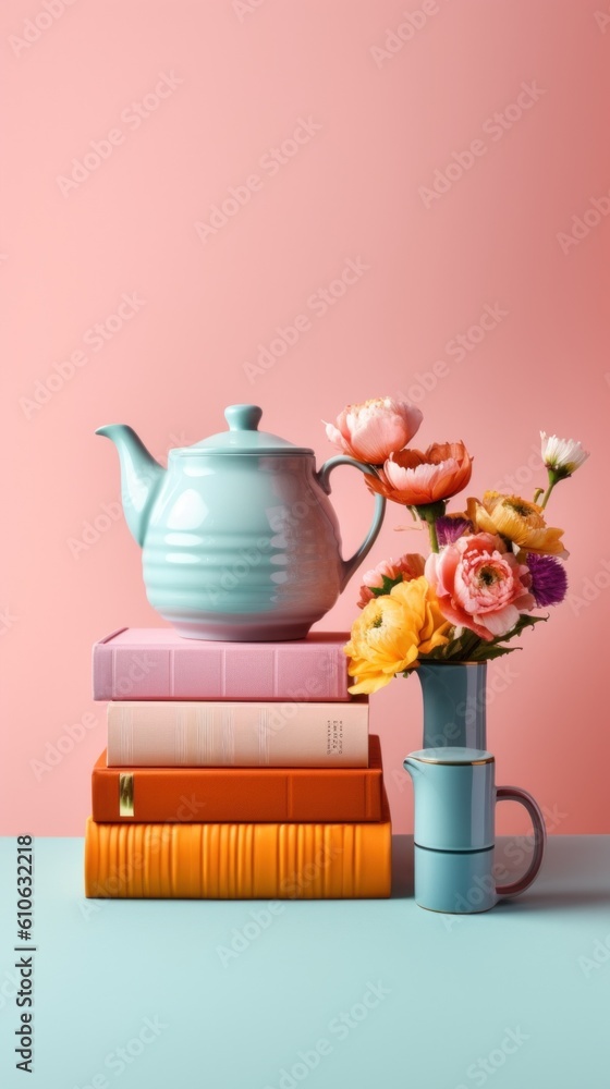 Poster a tea pot and a stack of books on a table. generative ai image.