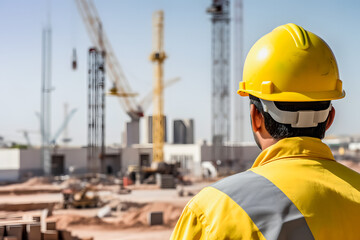 Construction Engineer's Perspective: Rear View in Full PPE at Work Site