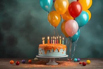 Birthday cake with balloon decoration. Generative AI - 610632251
