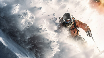 An action-packed shot of a snowboarder carving through fresh powder on a steep mountainside, leaving behind a trail of snow in their wake Generative AI