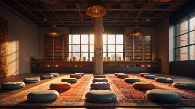A fusion-themed yoga studio combining Eastern and Western design elements, such as Tibetan rugs, Japanese-inspired meditation cushions, and a modern practice area Generative AI