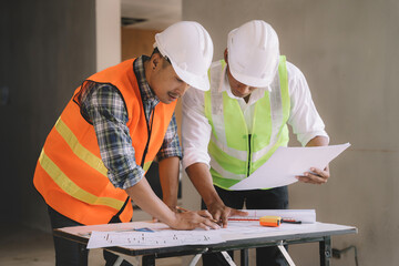 Architecture and teamwork concept. Male engineers or business partners on a construction site, discussing project details.