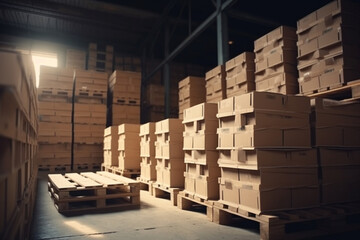 Packaging Boxes Stacked on Pallets in Storage Warehouse, Cartons Cardboard Boxes, Supply Chain, Storehouse Distribution, Shipping Supplies Warehouse Logistics