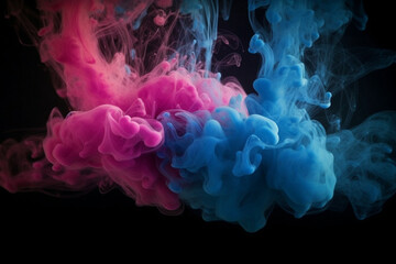 Paint water, Color mist, Magic spell mystery, Blue pink contrast vapor floating splash cloud blend on dark black abstract art background