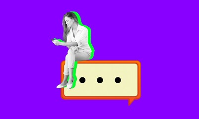 Collage portrait of person sit on big dialogue bubble