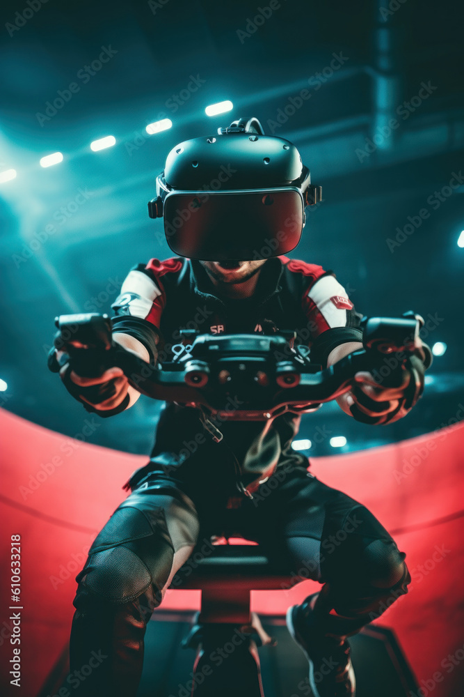 Poster a man in a helmet sitting on a stool. generative ai image.