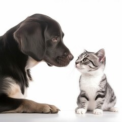 Cute cat and cute dog together on a white background, animal friendship. Generative Ai