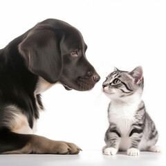 Obraz premium Cute cat and cute dog together on a white background, animal friendship. Generative Ai