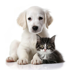 Obraz premium Cute cat and cute dog together on a white background, animal friendship. Generative Ai