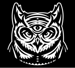 White owl totem head with a third eye on a black background. Vector monochrome illustration. Template for design
