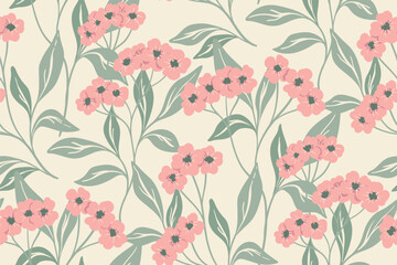 Seamless floral pattern, gentle ditsy print with hand drawn blooming branches. Botanical design with Asian motifs: small pink flowers, large leaves, branches on pastel background. Vector illustration