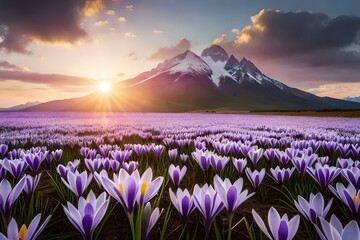 A field of blooming purple crocus flowers, signaling the arrival of spring