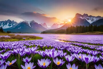 A field of blooming purple crocus flowers, signaling the arrival of spring