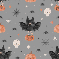 Halloween watercolor seamless pattern background design with pumpkin, bat, skull, spider, and other scary or festive elements on gray background.