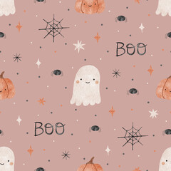 Halloween watercolor seamless pattern background design with pumpkin, ghostl, spider, and other scary or festive elements on pink background.