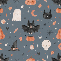 Halloween watercolor seamless pattern background design with pumpkin, ghostl, spider, and other scary or festive elements.