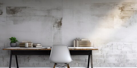 Modern Workspace with White Table, Chairs, and Brick Background in Open Workshop Office. Interior Design