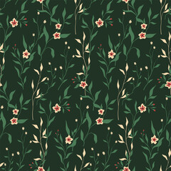 Seamless floral pattern, beautiful ditsy print with wildflowers, herbs. Vintage botanical design with hand drawn wild plants: small flowers, leaves, branches on a green background. Vector illustration
