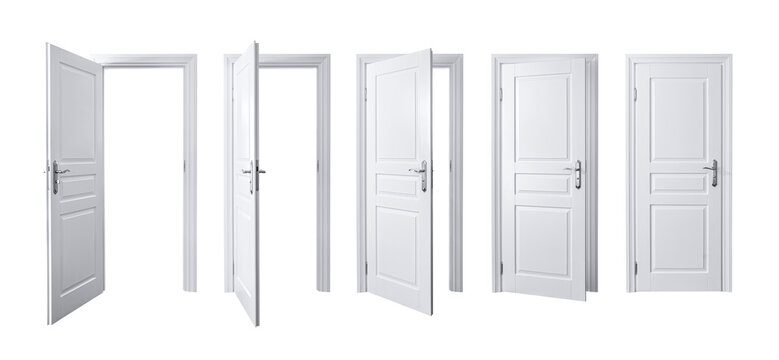 Set of different elegant white door isolated on white background