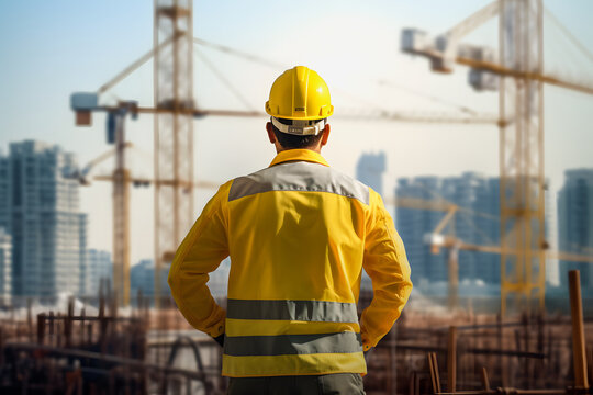 Building Construction: Engineer in Full PPE Observing Site with Tower Crane Background