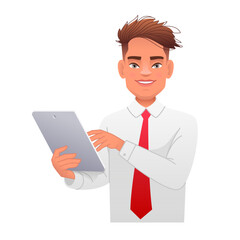 Happy businessman holds a tablet computer in his hand and gestures with his other hand. Internet surfing