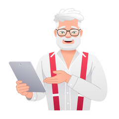 Happy elderly man with glasses calls to a tablet computer in his hand. Internet surfing