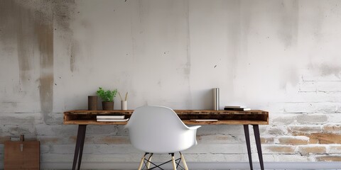 Modern Workspace with White Table, Chairs, and Brick Background in Open Workshop Office. Interior Design