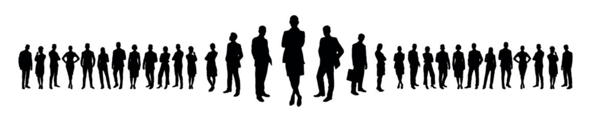 Confident business team standing and posing in front of people crowd silhouette.