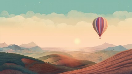 Fototapeta na wymiar A painting of a hot air balloon flying over a valley. Generative AI image.