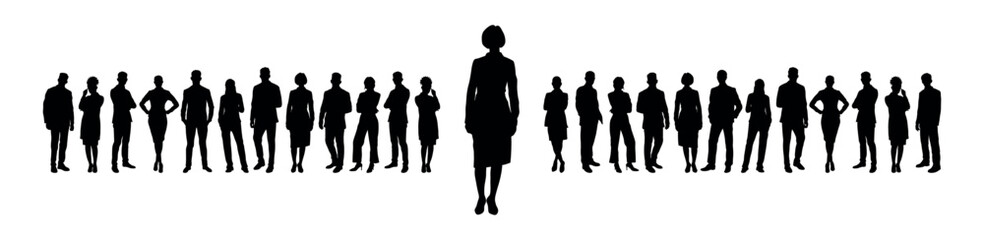 Businesswoman standing in front of large group of business people vector silhouette.