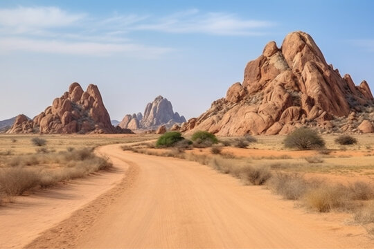 Panoramic view of the desert road with rocky landscape on the background in Spitzkoppe Namibia