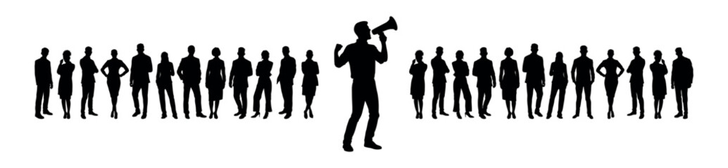 Businessman speaking loud through megaphone speaker in front of group of business people silhouettes