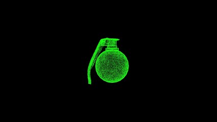 3D hand grenade on black bg. Object dissolved green flickering particles. Business advertising backdrop. Science concept. For title, text, presentation. 3D animation