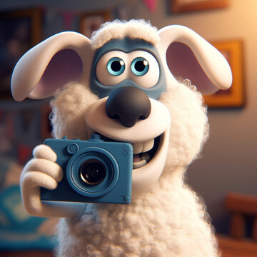 cute sheep with camera have fun (Generative AI)