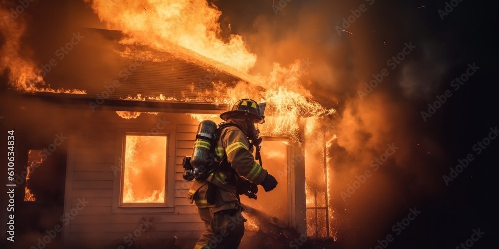 Poster a firefighter in front of a house on fire. generative ai image.
