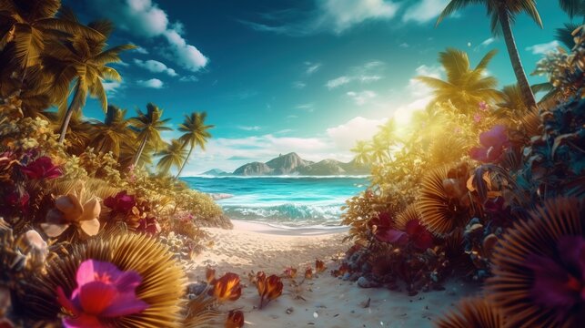 a beach with palm trees and flowers. Generative AI Art.