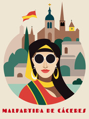 Malpartida de Cáceres: Beautiful vintage-styled poster with a woman and the name Malpartida de Cáceres in Extremadura © Modern Design & Foto