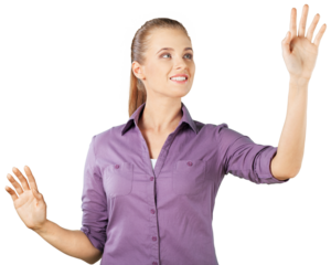 Beautiful young businesswoman hand press on the symbol