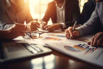 A team discussing financial reports. Business, situations in the office, bokeh Generative AI