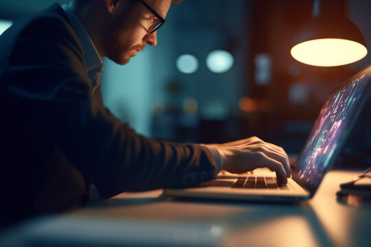 An employee conducting research on their computer. Business, situations in the office, bokeh Generative AI