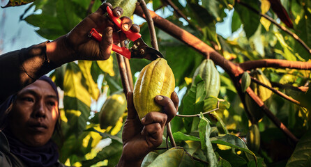 The hands of a cocoa farmer use pruning shears to cut the cocoa pods or fruit ripe yellow cacao...