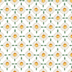 Beautiful seamless pattern in old vintage retro style with watercolor hand drawn chamomile flowers.